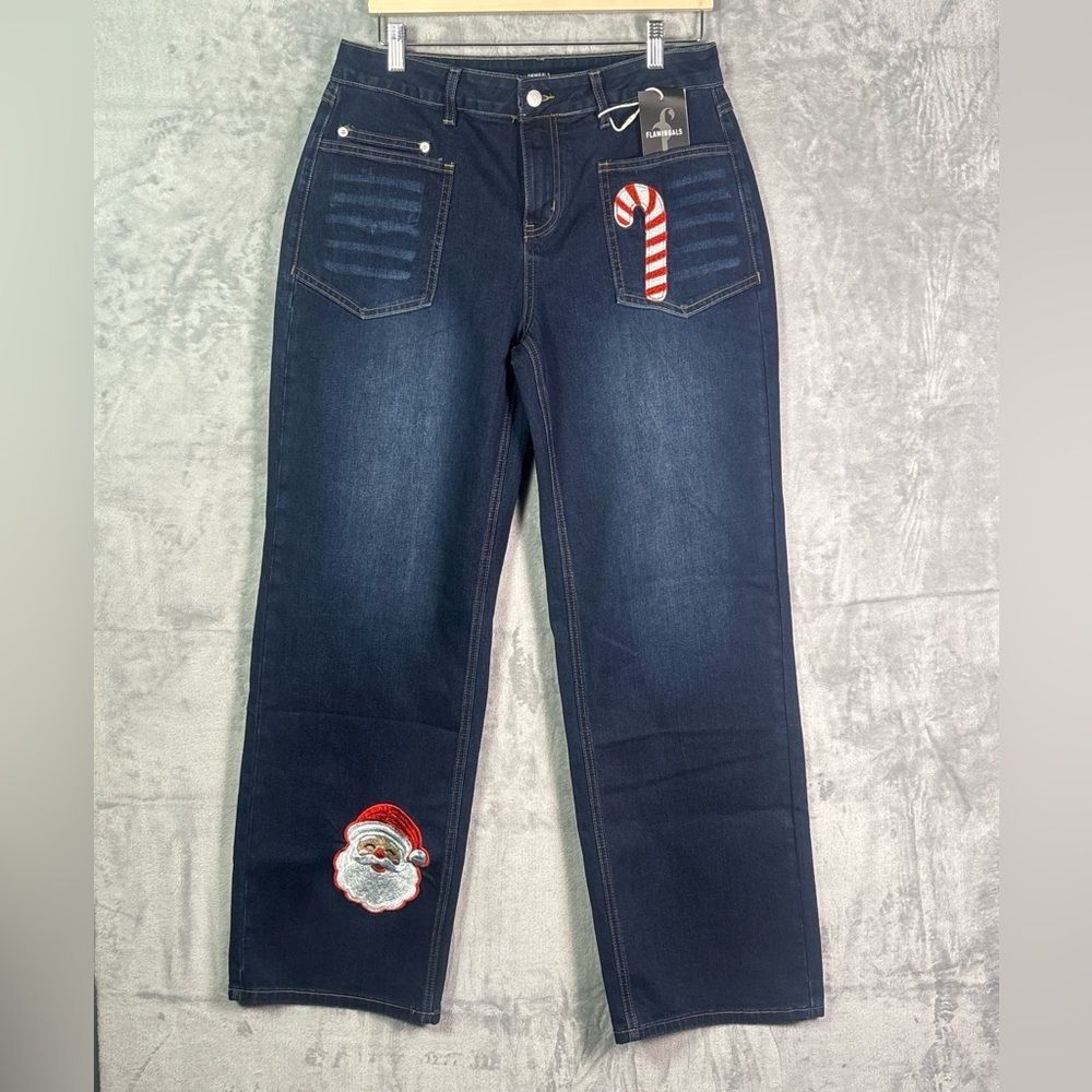 NWT New Flamingals Dark Wash Christmas Embroidered Wide Leg Jeans Size Medium